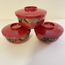 Japanese Rice Miso Soup Red Bowls with Lid - Set of 3