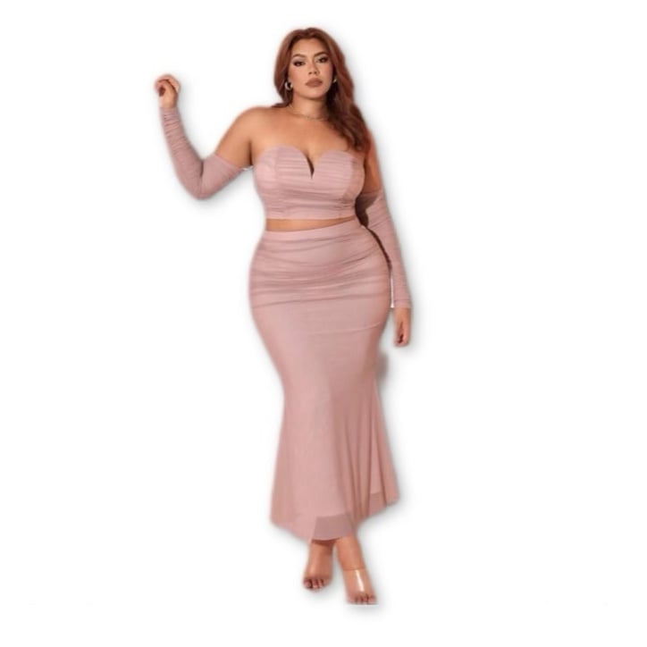 PINK OFF SHOULDER RUCHED CROP TOP & SKIRT MATCHING SET