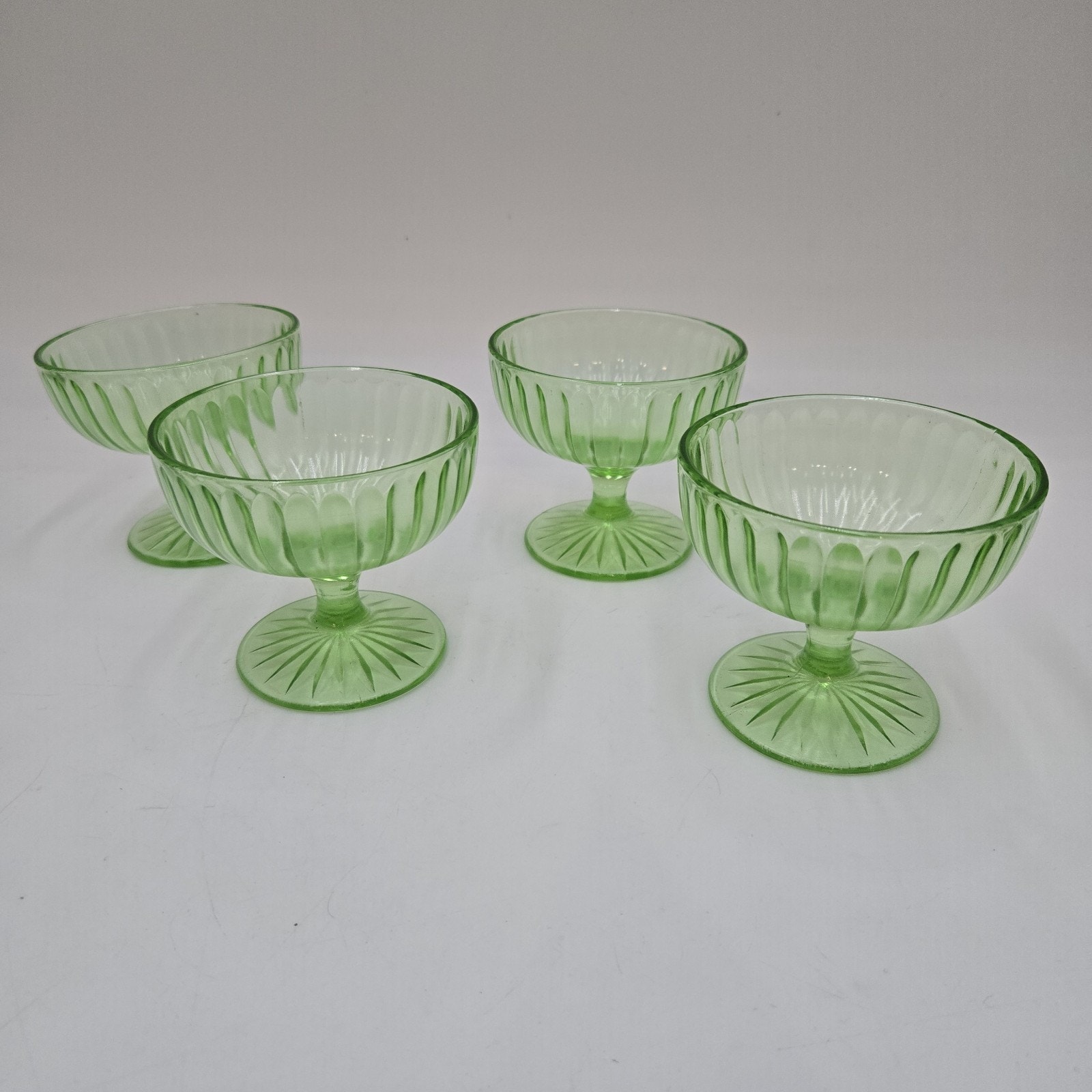 Lot 4 Hazel Atlas Ribbon Green Uranium Glass Sherbets Dessert Dish Bowl Ribbed