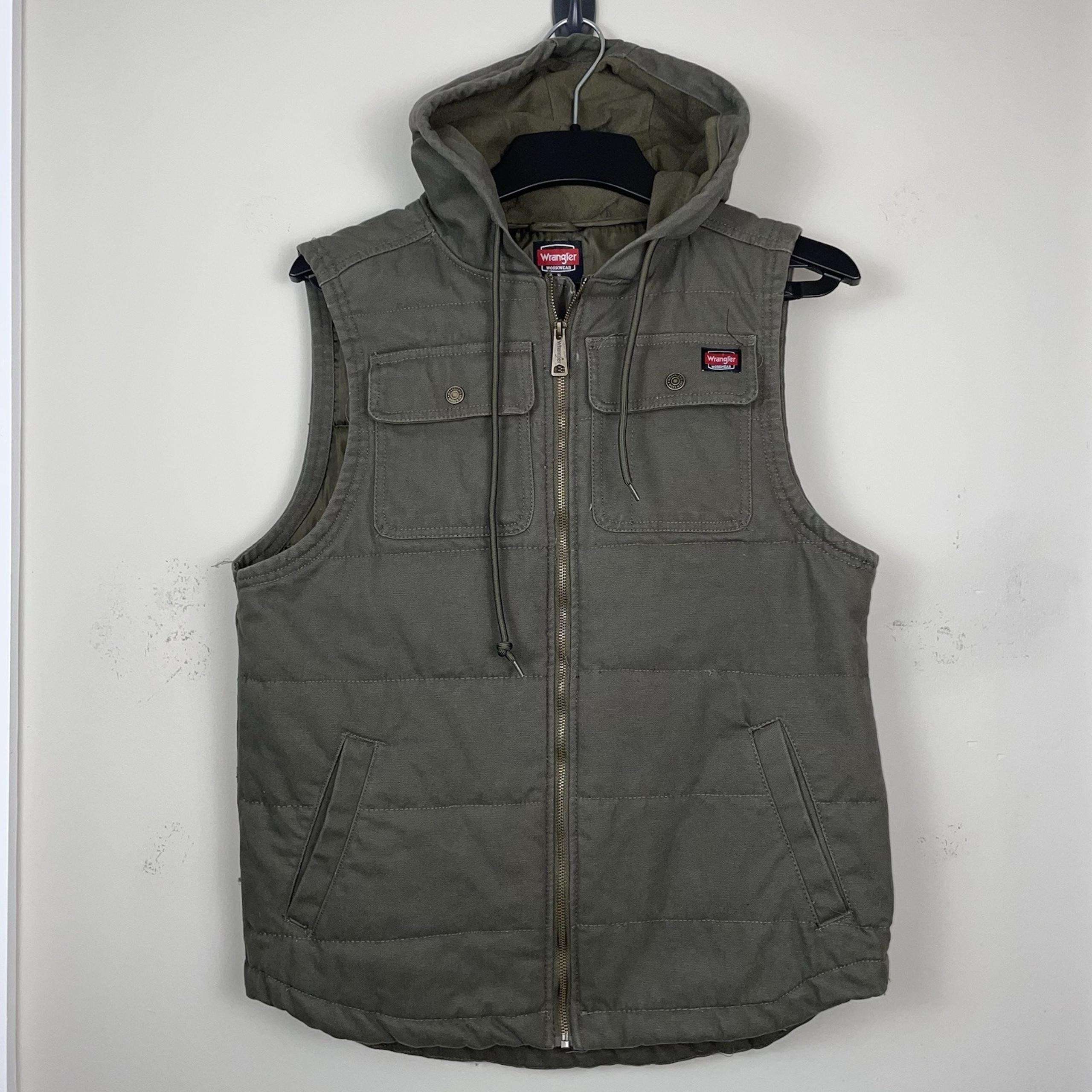 Wrangler Workwear Hooded Vest Men's Medium Green Workwear Canvas Full Zip Pocket
