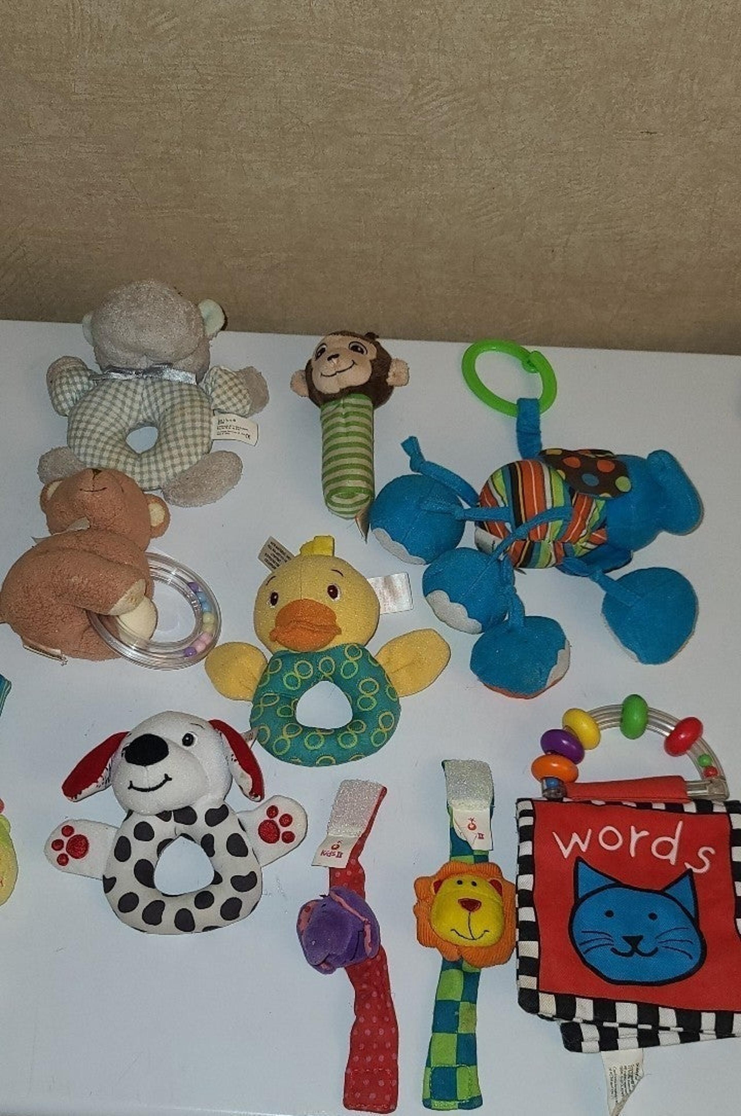 lot of baby rattles, hand rattles, a book, and noise maker