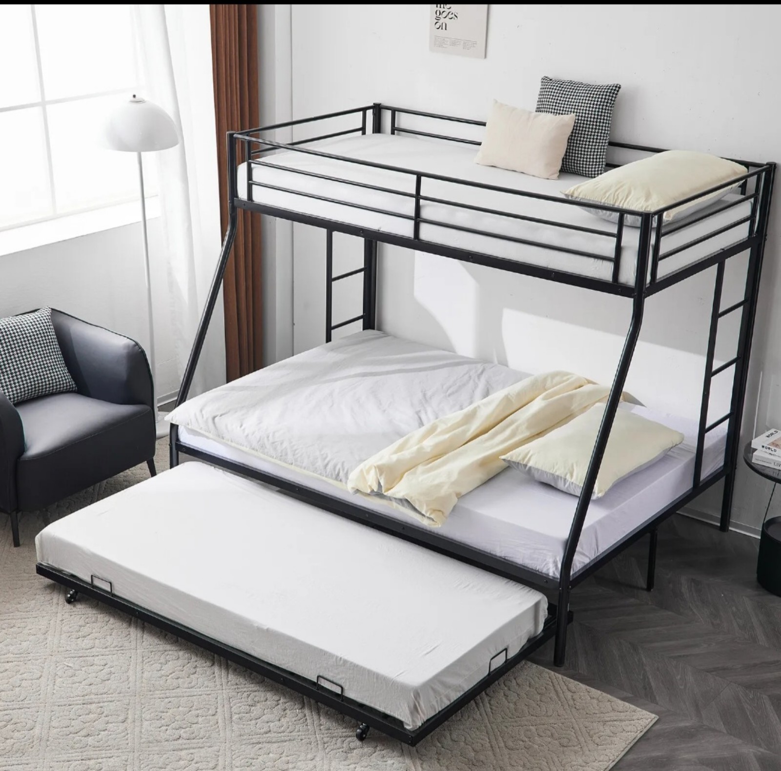 Twin over Full Bunk Beds Frame Ladder with Trundle black