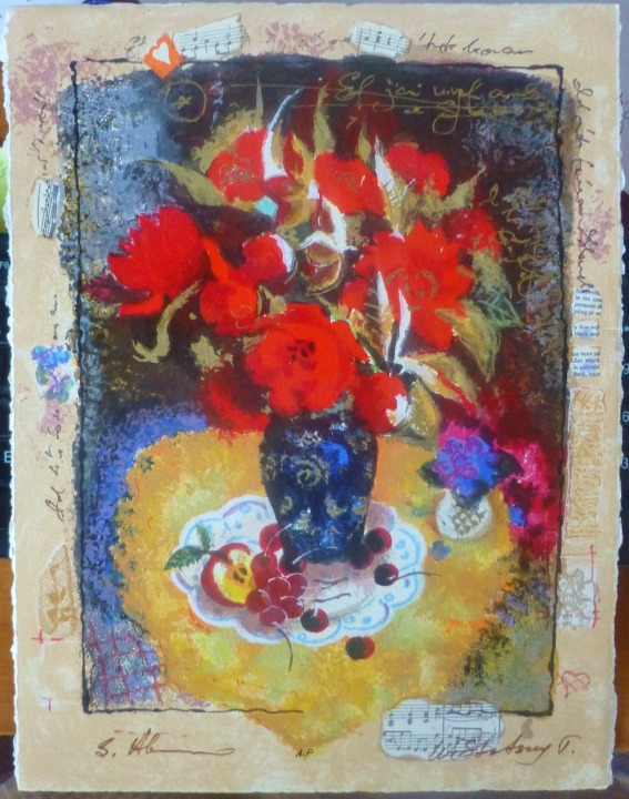 Alexander Galtchansky & Tanya Wissotzky serigraph Hand signed red flower vase
