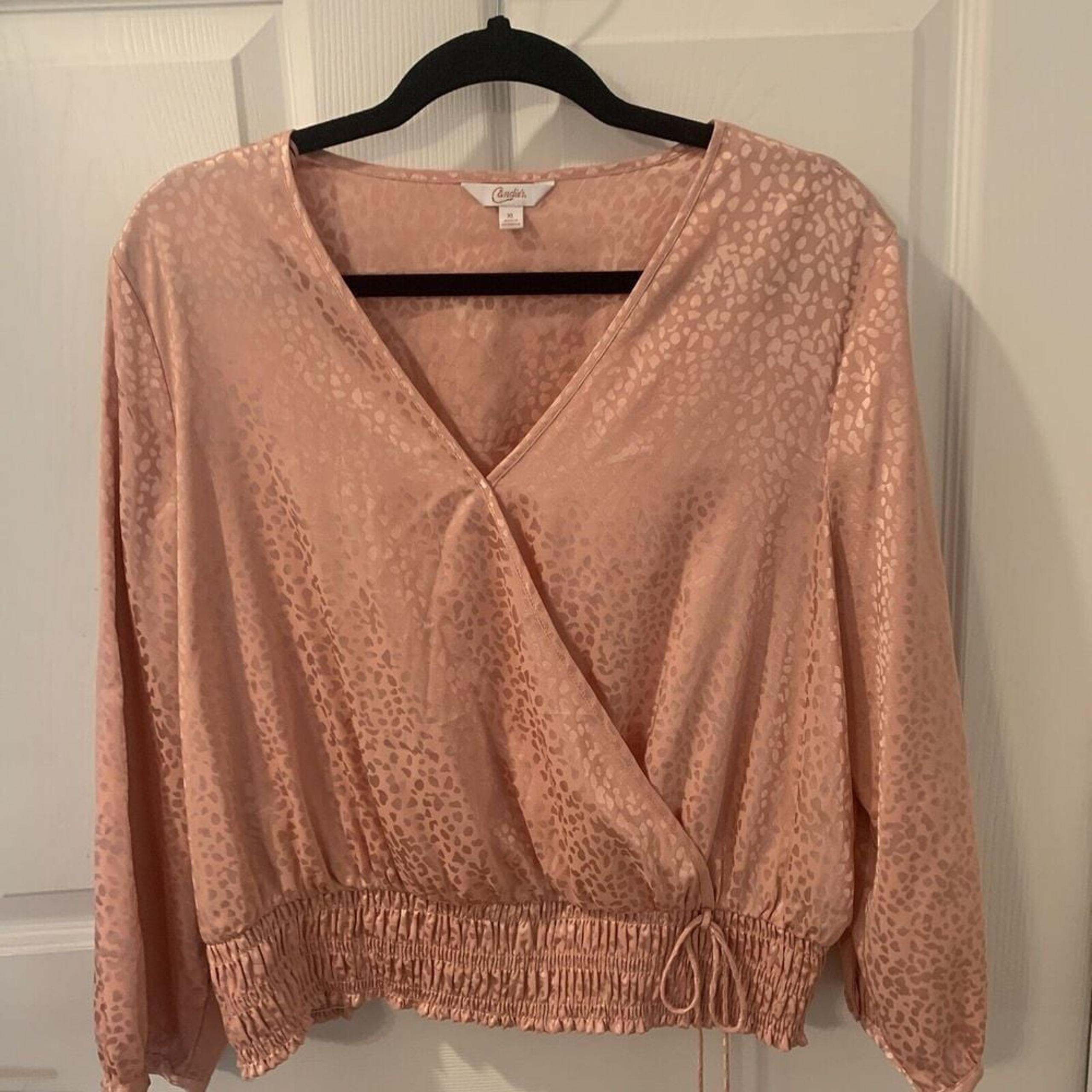 Candie's Pink Faux Wrap Smocked Hem Long Sleeve Blouse Top L Fairy 80's Cottage