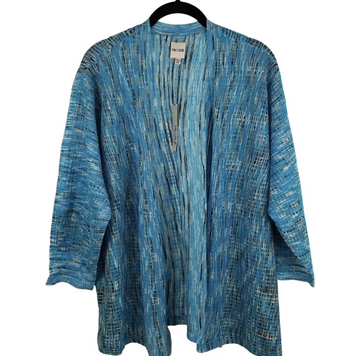 NIC+ZOE NWT Blue Multi Open Cardigan 2X Textured Knit Lightweight Linen