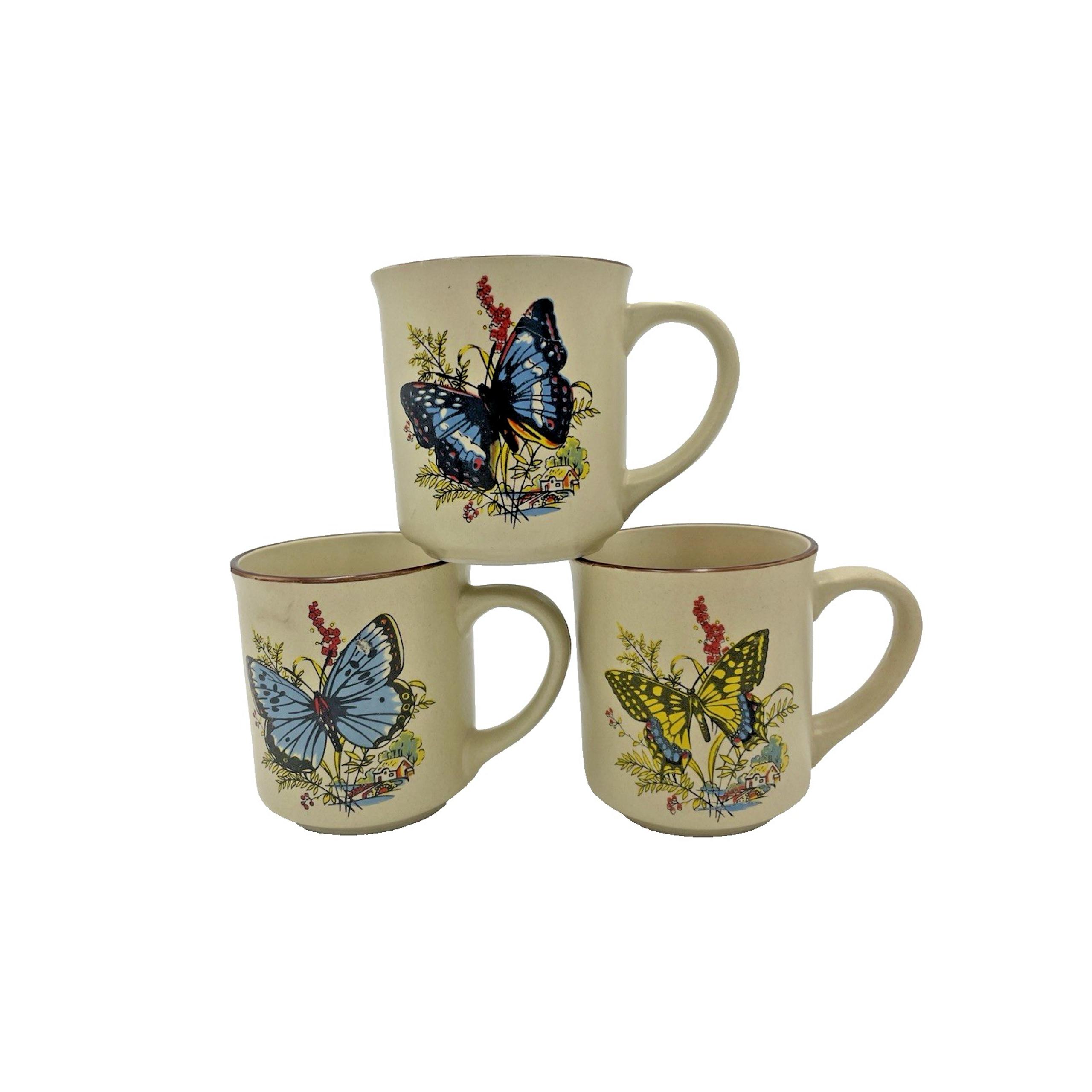 Vintage Wellington Set of 3 Butterfly  Stoneware Coffee Cups Mugs