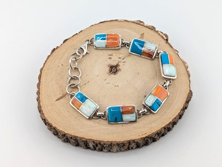 Navajo Multi Stones Link Bracelet: Sterling Silver Jewelry Signed Sz 7-8.25in***