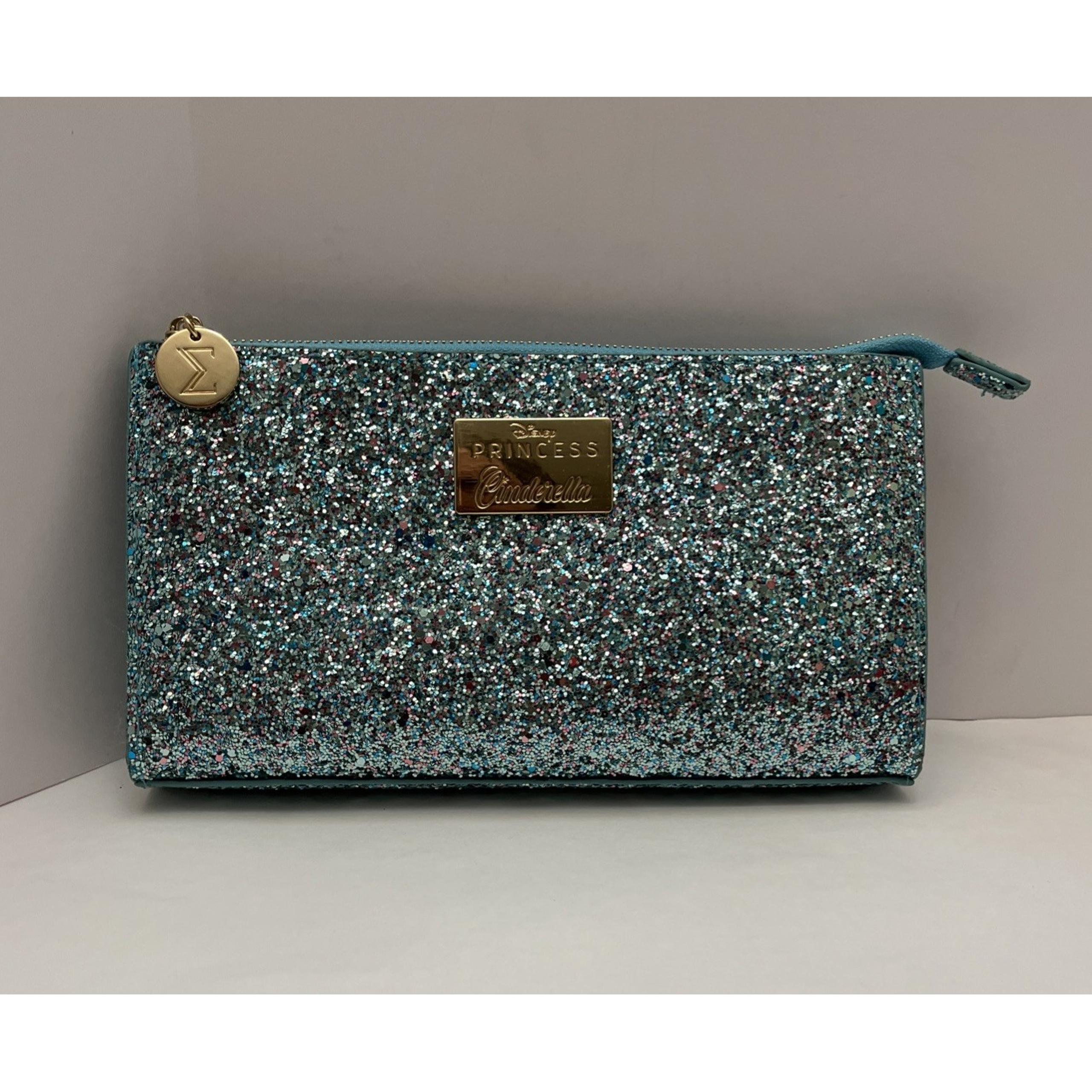 Disney Cinderella Cosmetic Bag Teal Gold Clutch Satin lining Sparkly Sigma