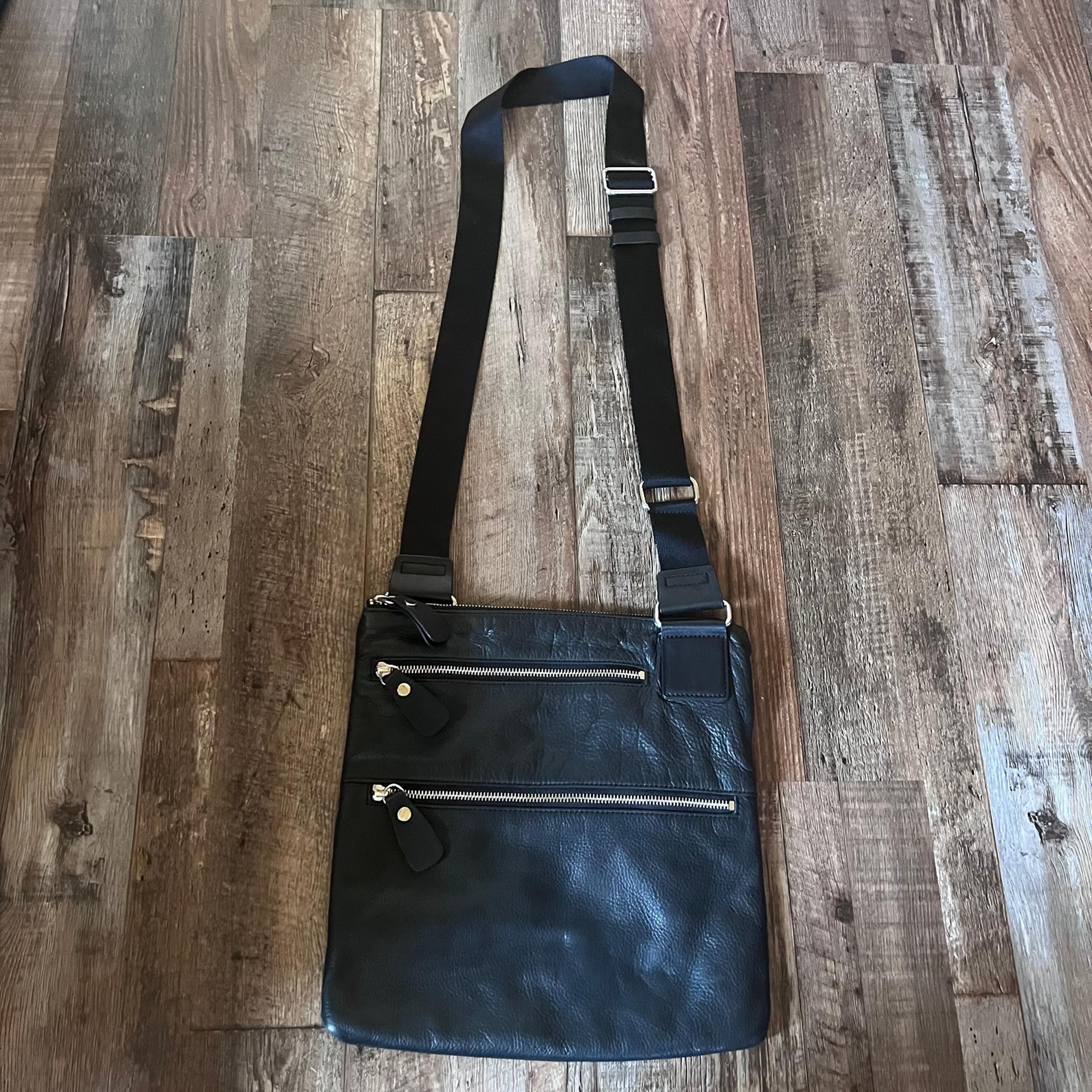 Black Leather Large Crossbody Bag Adjustable Strap Multi Pocket - Margot