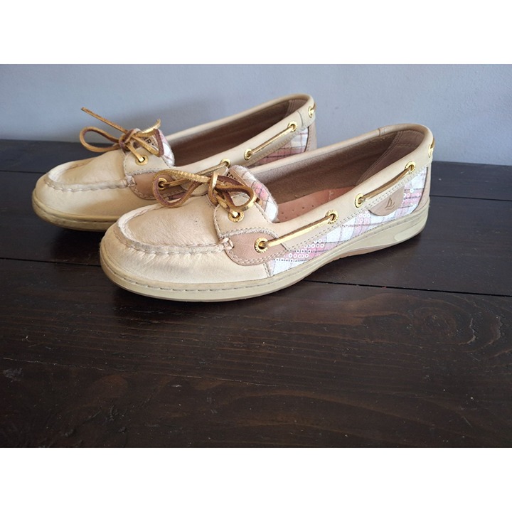 Sperry Women's Angelfish Cream Leather with Pink Argyle Boat Shoe/Pre-owned, Sz.