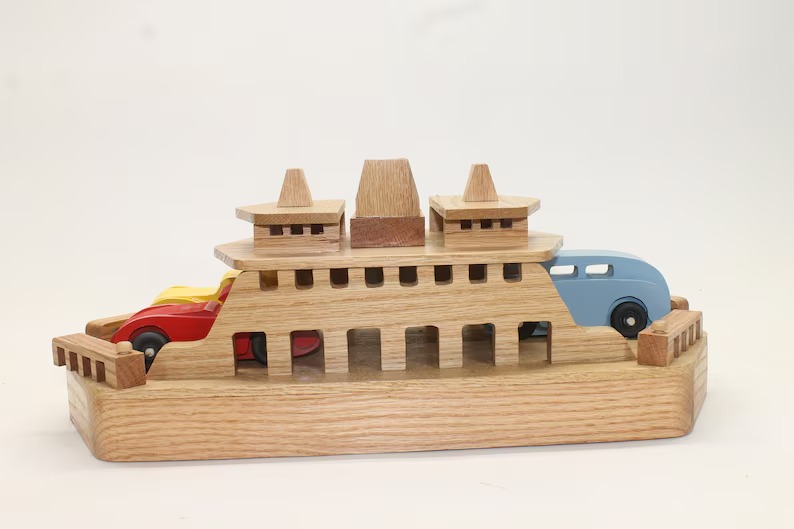 Wood toy model Washington State ferry boat with 3 cars.