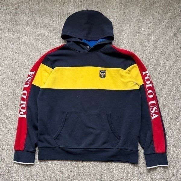 Vintage Polo Ralph Lauren Hoodie Uni Crest Large Blue Red Pony RLPC Stadium 90s