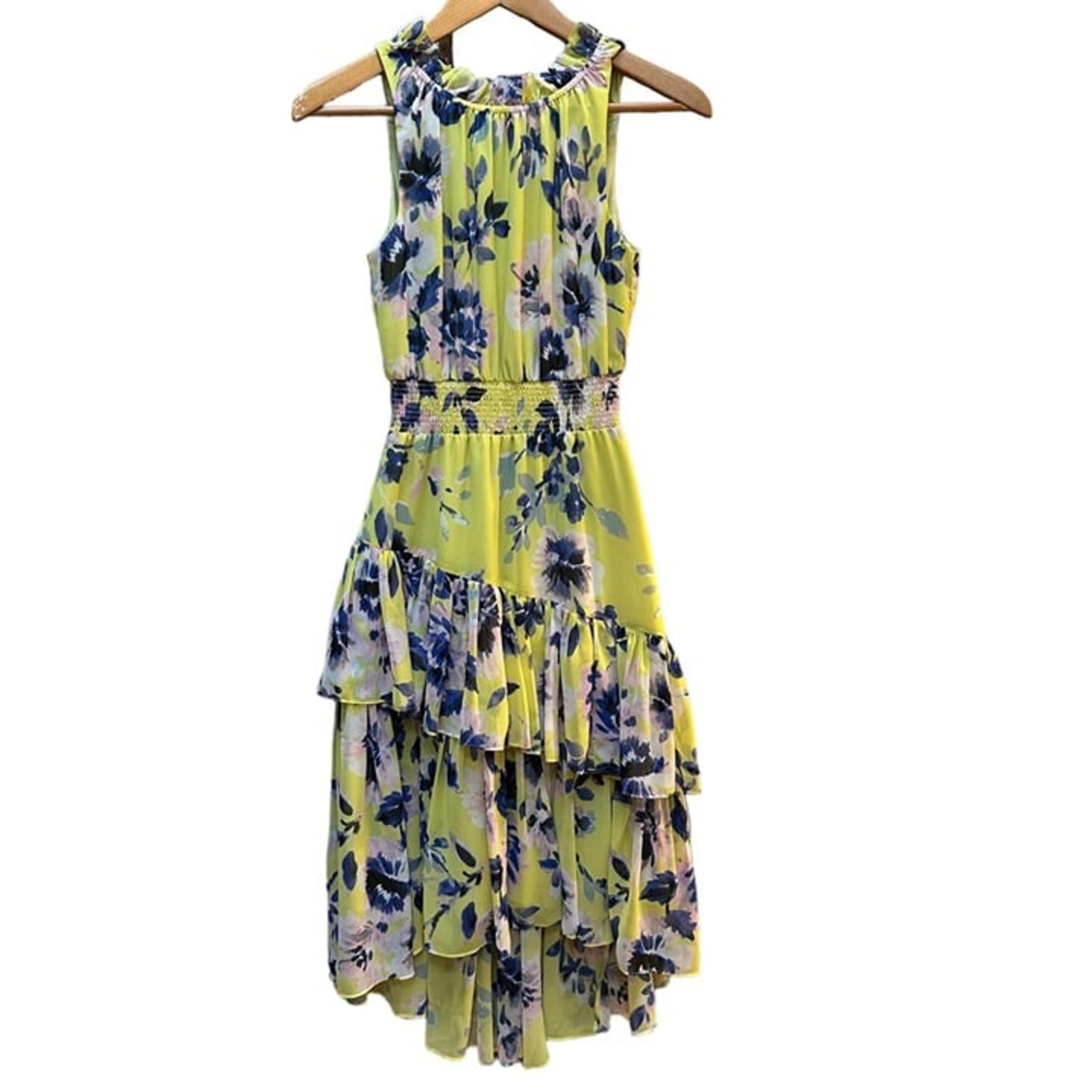 Eliza J Yellow Floral Asymmetric Ruffled Tiered Midi Dress Women's Size 2