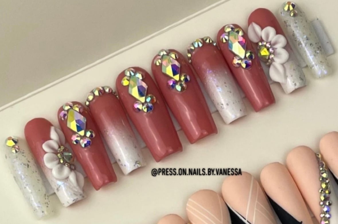 Long square white ombré press on nails acrylic flowers rhinestones glitter