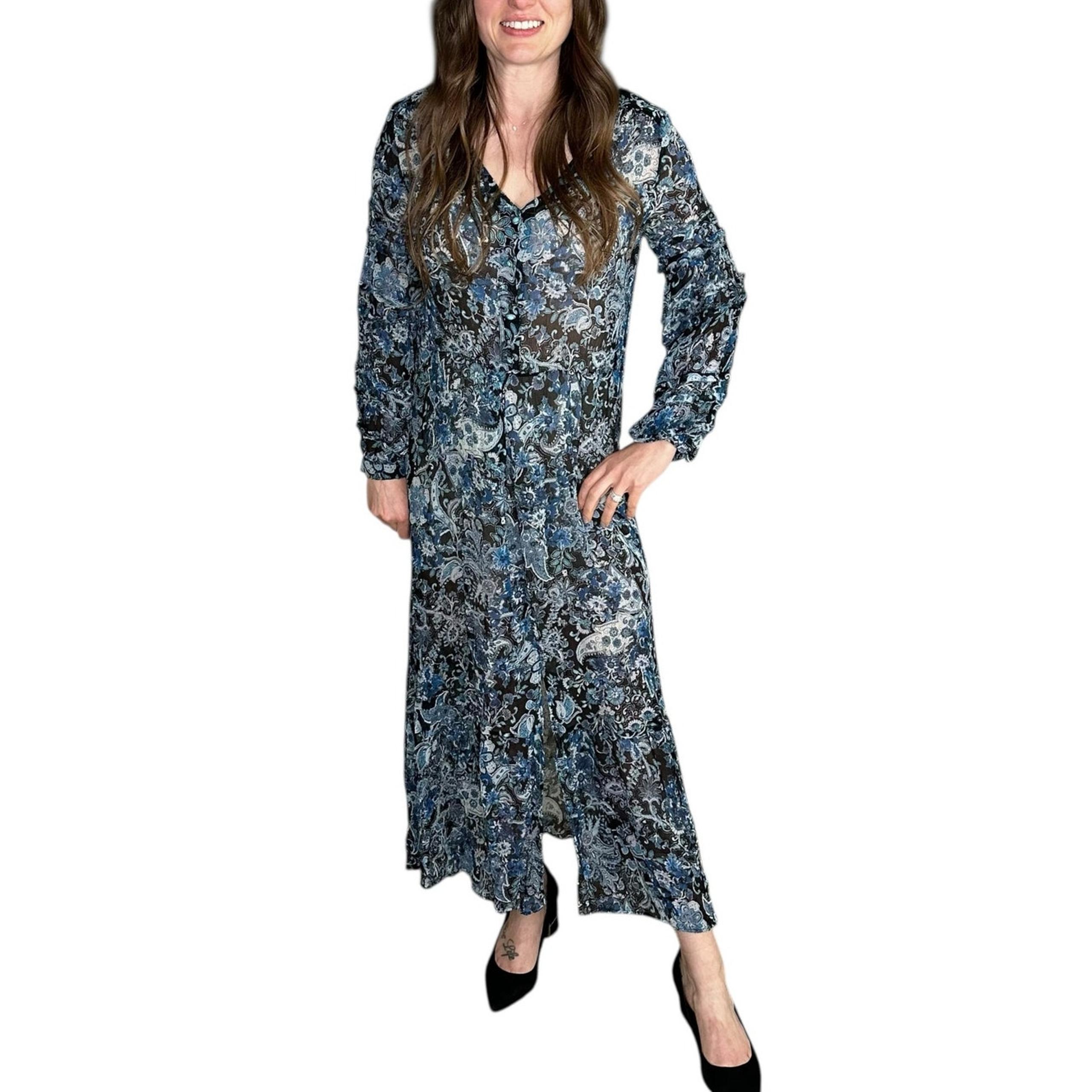 THE KOOPLES Sheer Blue Black Paisley Patterned Slip Dress Women's Midi Dress