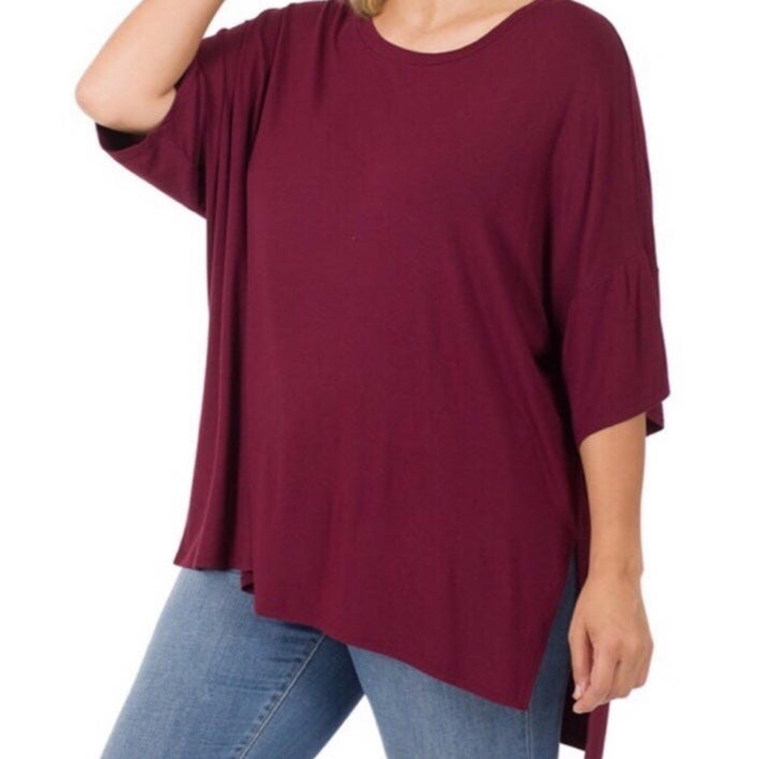 2X ZENANA Oversized Dolman 1/2 Sleeve Hi-Low Tunic Top