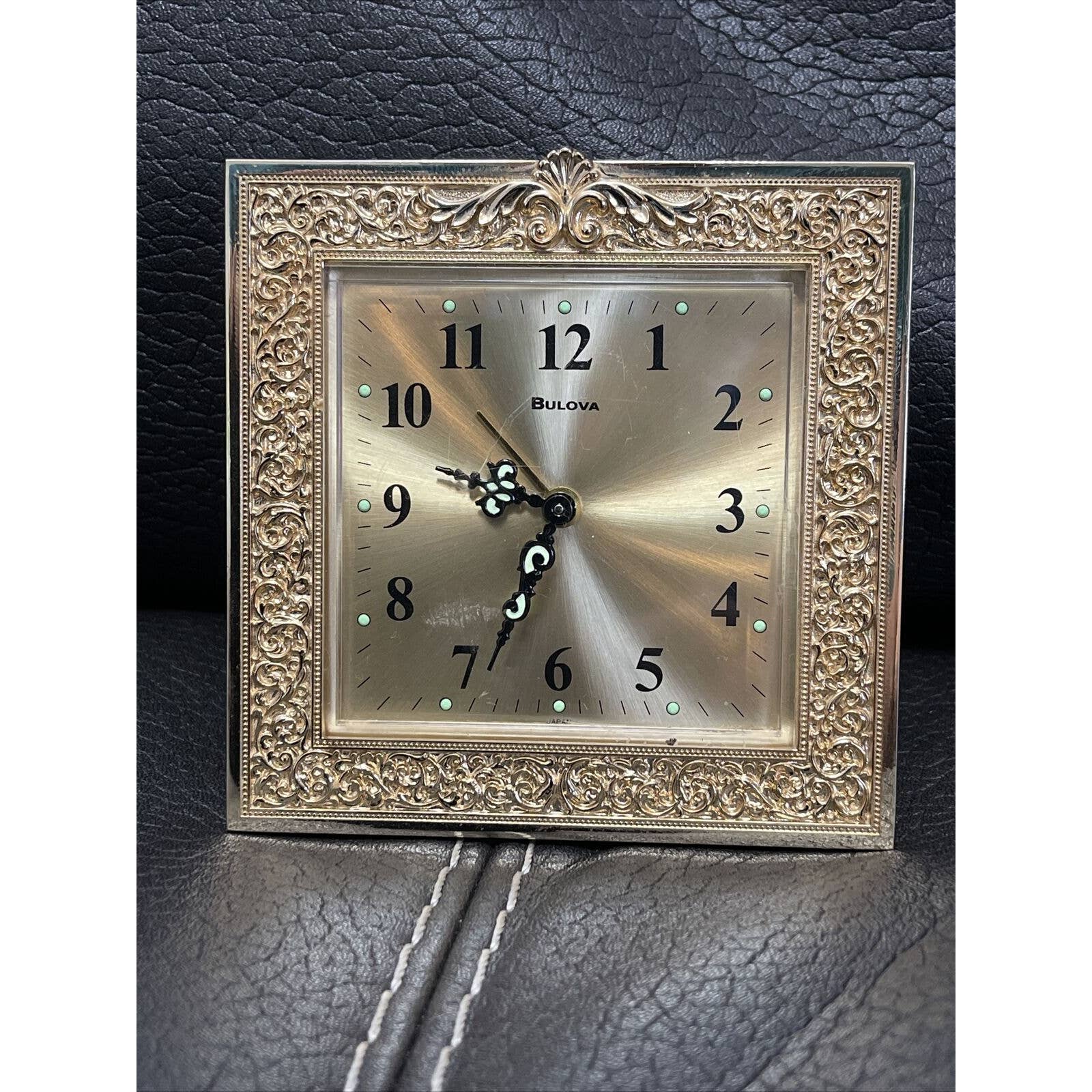 Bulova Alarm Clock Desk/Table Alarm Clock Etched Frame Brassy Gold Finish Color