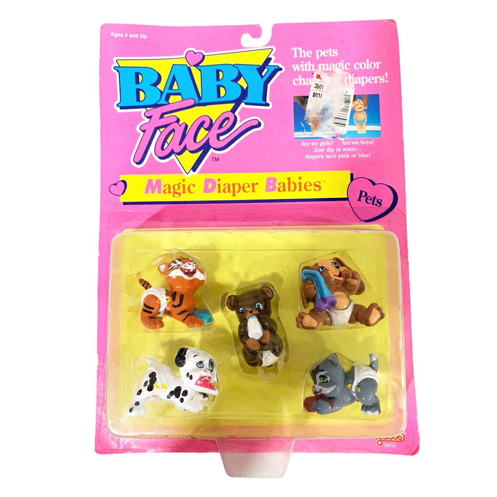 1991 Baby Face PETS Magic Diaper Babies DOGs & CATs 5 Figures NEW in Package