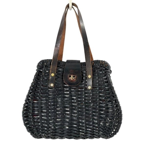 Vintage 50's Simon Straw Bags Black Woven Wicker Satchel Handbag MCM Hong Kong