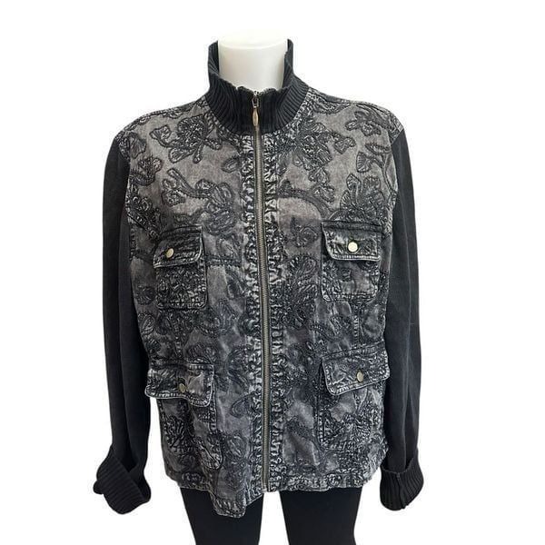 Chico's Grey Black Embroidered Full Zip Jean Jacket Sz 3 XL Vintage Boho Pockets
