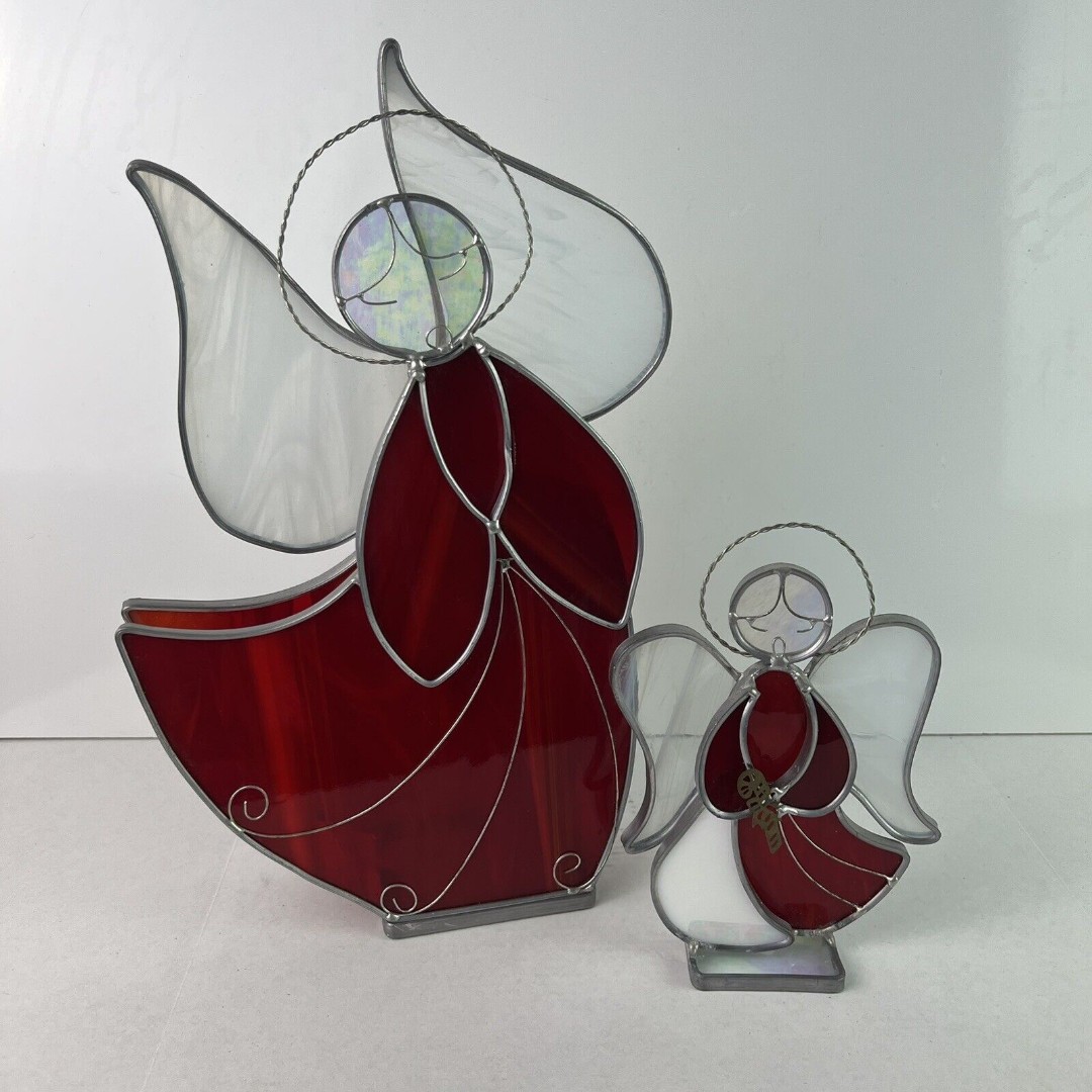 Vintage Stained Glass Angel Pair Artist Signed Cathy Holiday Christmas Religious