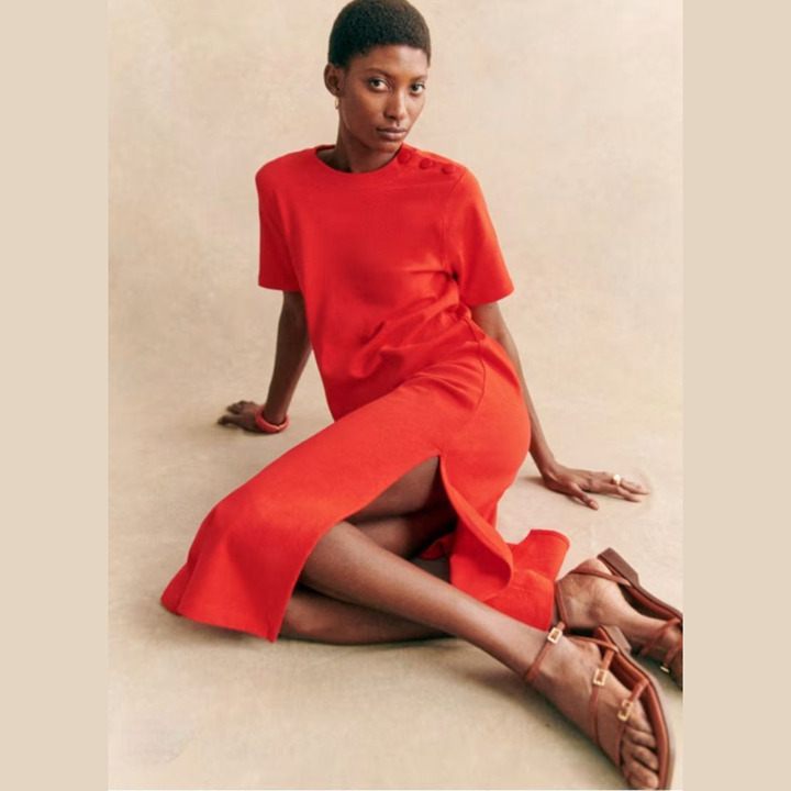 Sezane Emy dress orange organic cotton minimalist column slit slip midi dress S