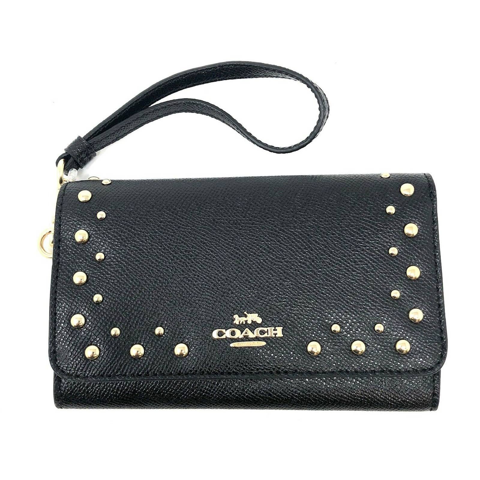 Coach Women's Flap Phone Crossgrain Leather Wallet w/ Studs - Black