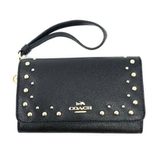 Coach Women's Flap Phone Crossgrain Leather Wallet w/ Studs - Black