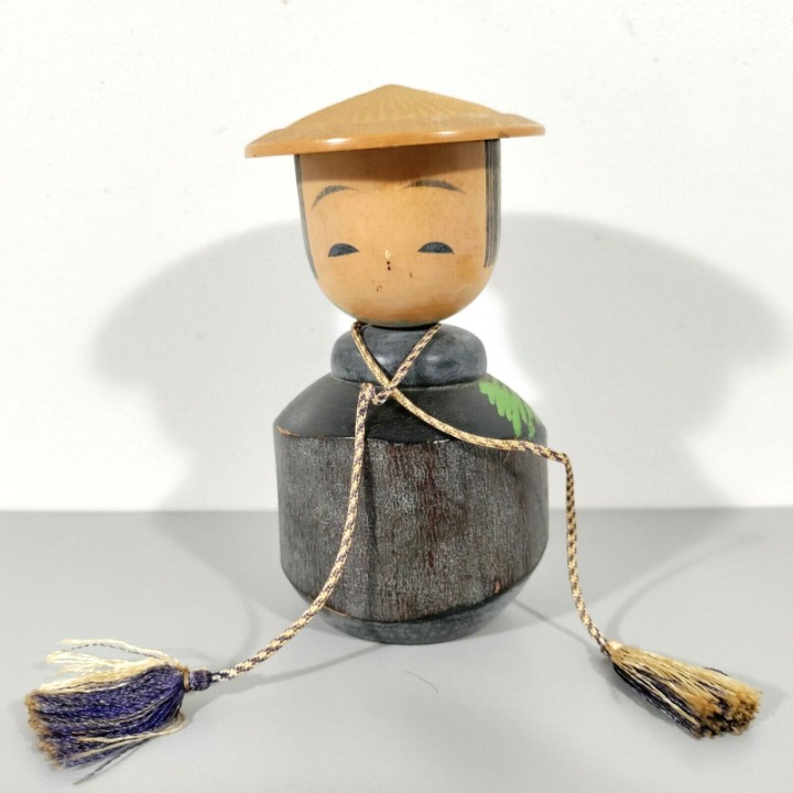 Vtg Japanese Kokeshi Doll 5in with Hat and Tassle Wooden Carved Faded Mark