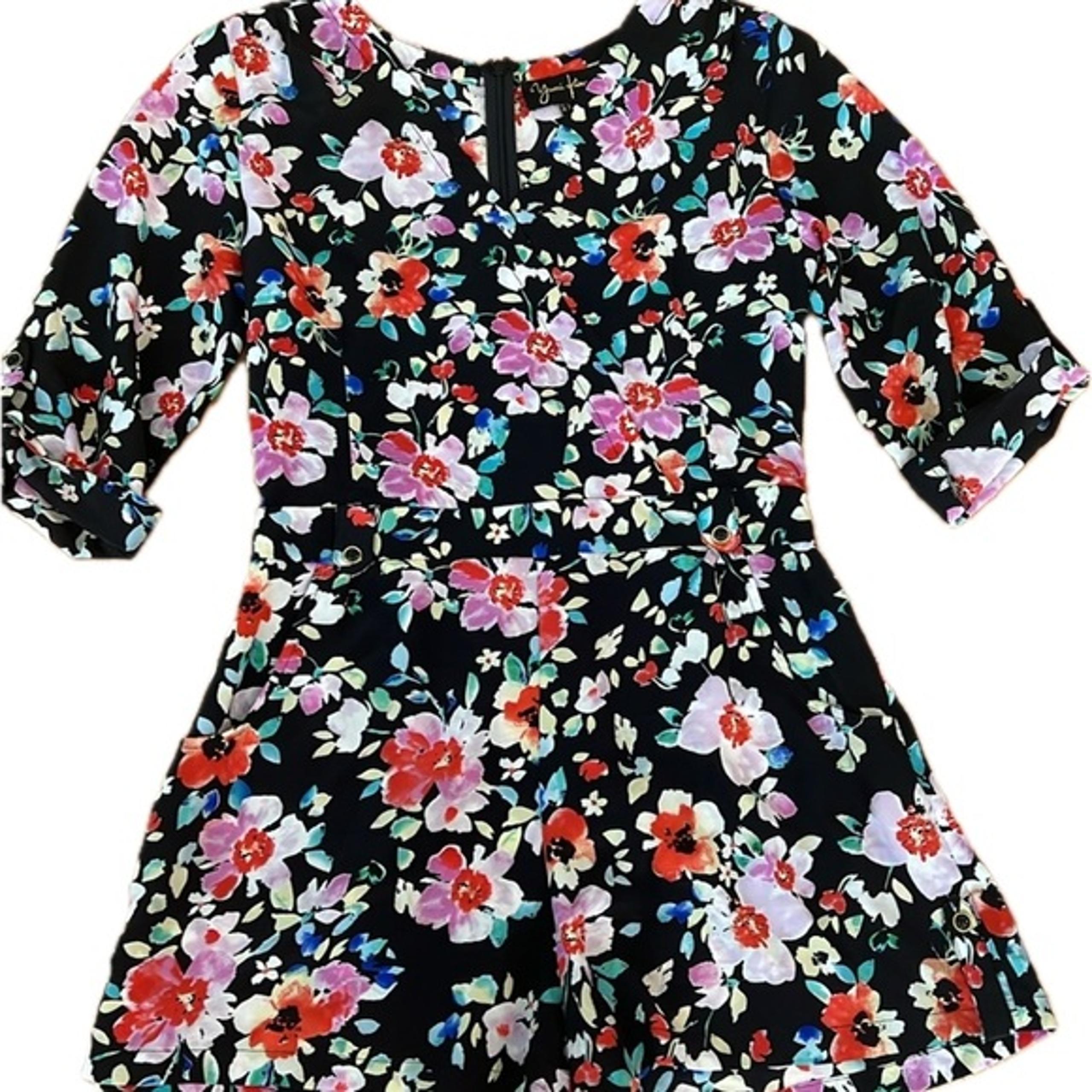 Yumi Kim LIZ black Pink Floral 3/4 Sleeve 100% Silk Faux Wrap Romper S