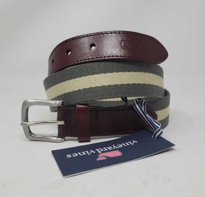New men's 36 Vineyard Vines striped canvas club belt in Marine Olive