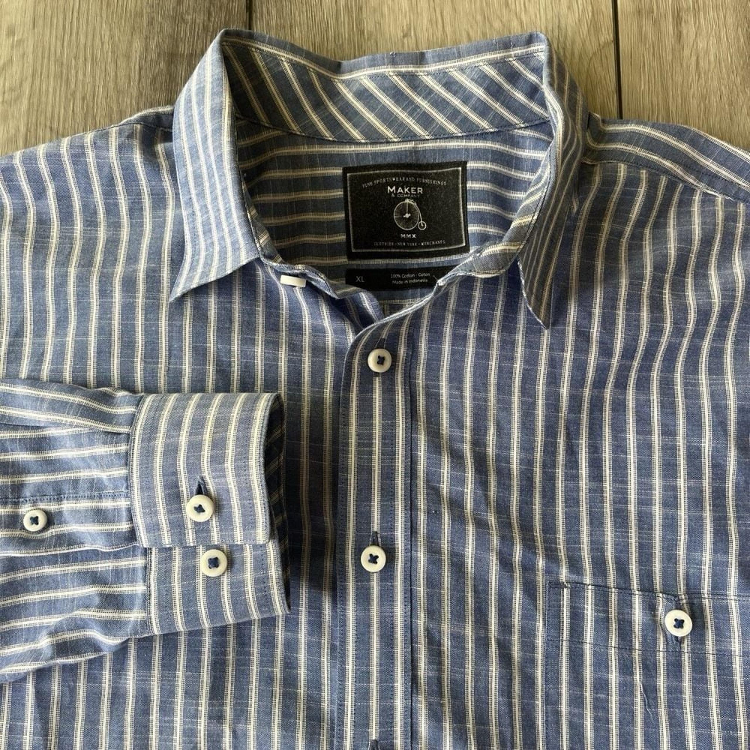 MAKER & COMPANY MMX Men's Button-Down Shirt Sz XL Striped Blue White Pocket