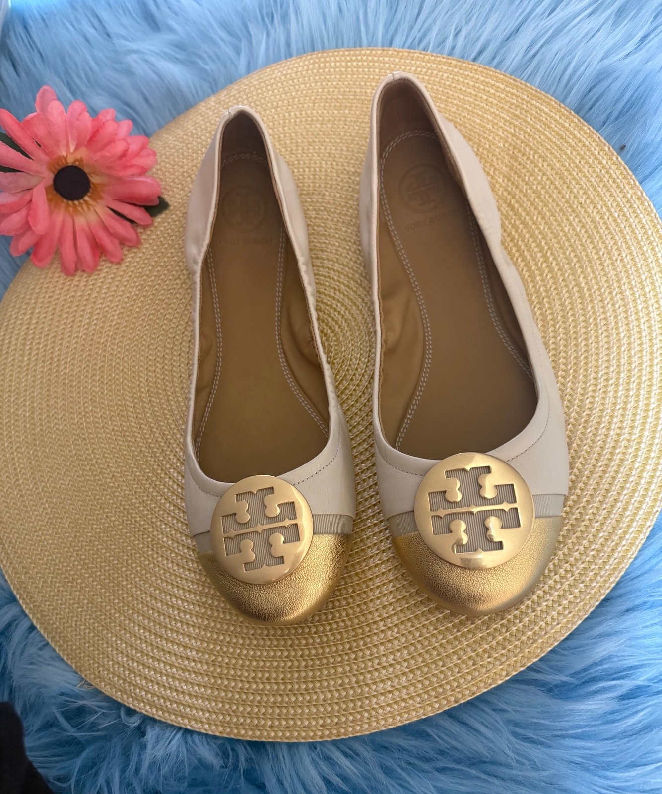 Tory Burch Minnie Boutique Metallic Cap Toe Baller Flat Beige