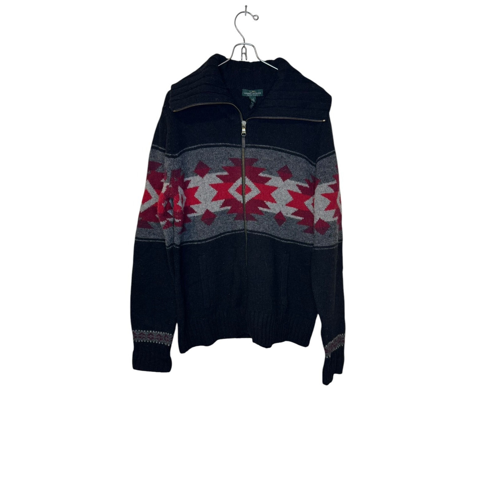 Lauren Ralph Lauren Women Sweater Full Zip Aztec Pattern Lambswool Black Large