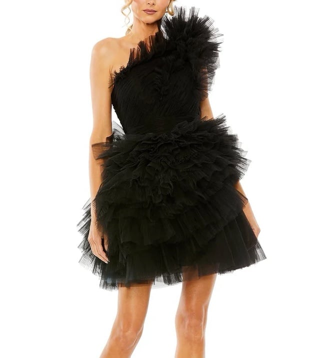 MAC DUGGAL TULLE RUFFLE ONE SHOULDER MINI DRESS