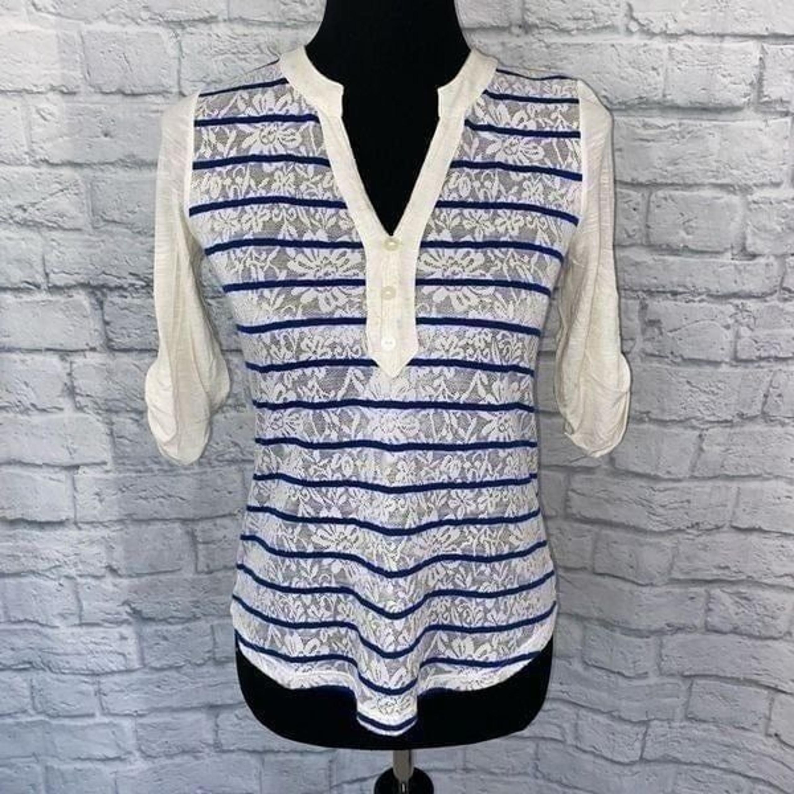 BCX women XS semi sheer 3/4 sleeve top w/floraland stripeprint