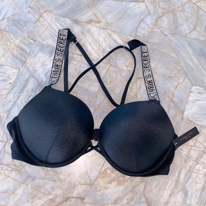 34A Swimsuit SHINE STRAP BOMBSHELL ADD 2 CUPS SWIM CRYSTALS Bra Top Black