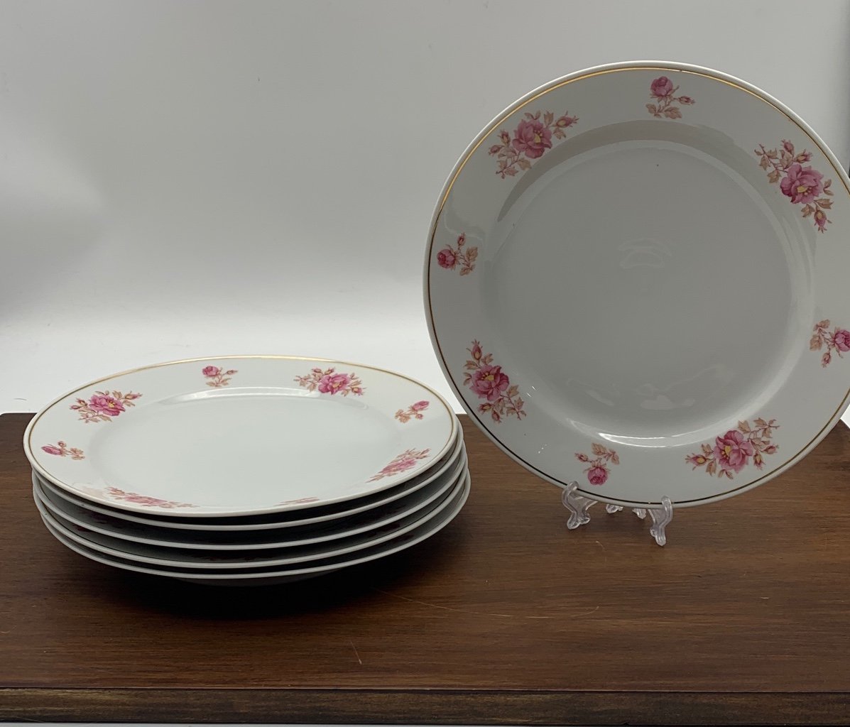 Dinner Plates Roses & Tan Leaves, Gold Ring, Smooth - SCR109 by SCHERZER -SIX