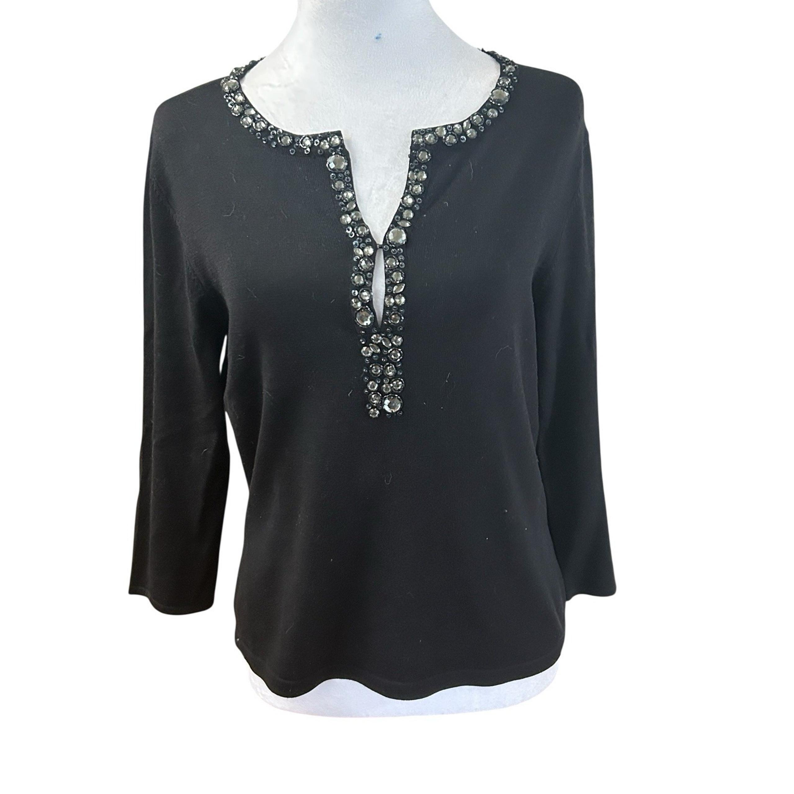Talbots Silk Blend Black top Jewel Trimmed Neckline Sz M
