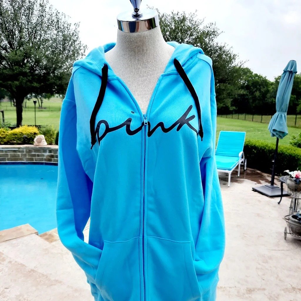NEW (M) VS PINK Everyday Lounge Campus Full-Zip Hoodie in Underwater Script