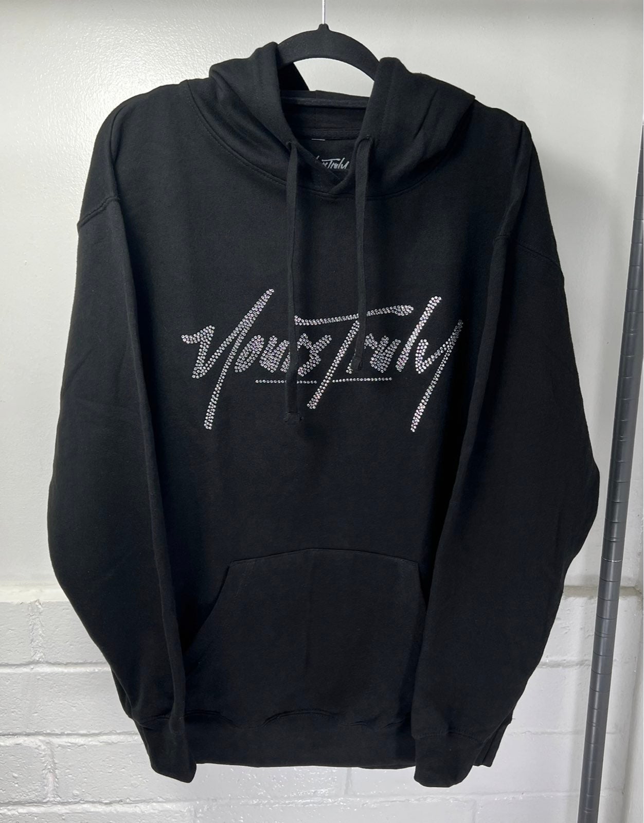 Yours Truly Phora Black Rhinestones Embellished Hoodie Mens Size L Fits XL