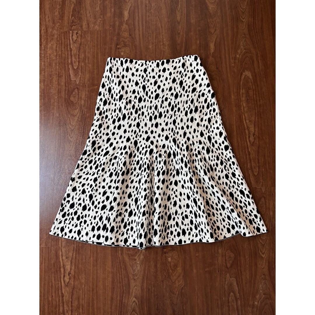 St.John Snow Leopard Jacquard Knit MIDI Skirt Cream & Caviar 12 A-line Cruella