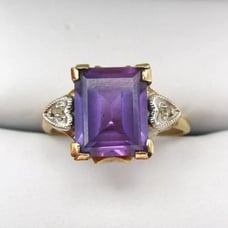 14K Yellow Gold Violet Purple Sapphire Diamond Heart Ring Size 8 [R262]