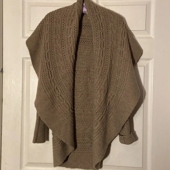 Kenar Knit Braided Open Front Cape Cardigan Muddy Brown Wool Blend sz L