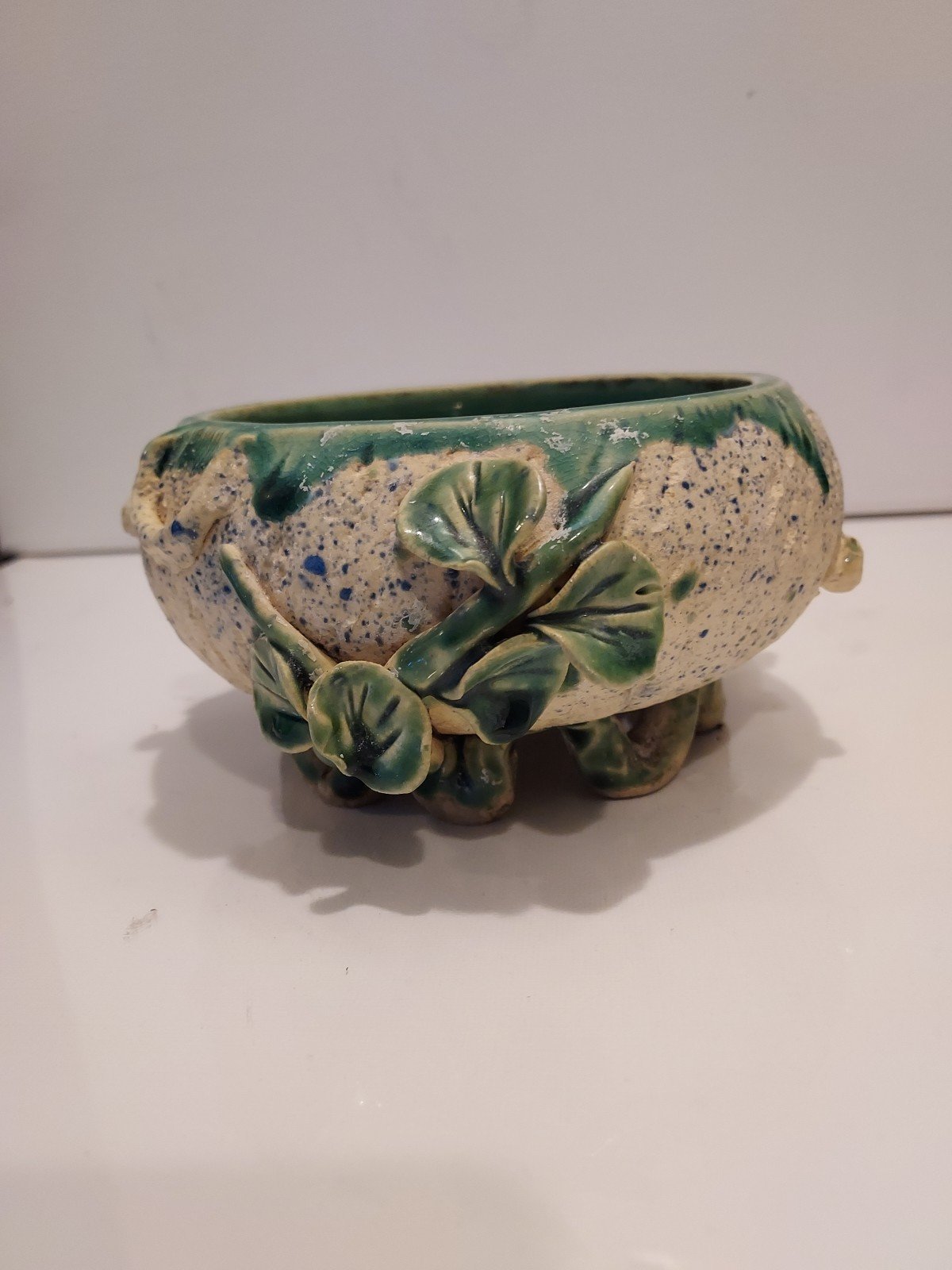Handcrafted Studio Pottery Bowl Green Glaze & Stoneware W/ Blue Flecks ~UNSIGNED