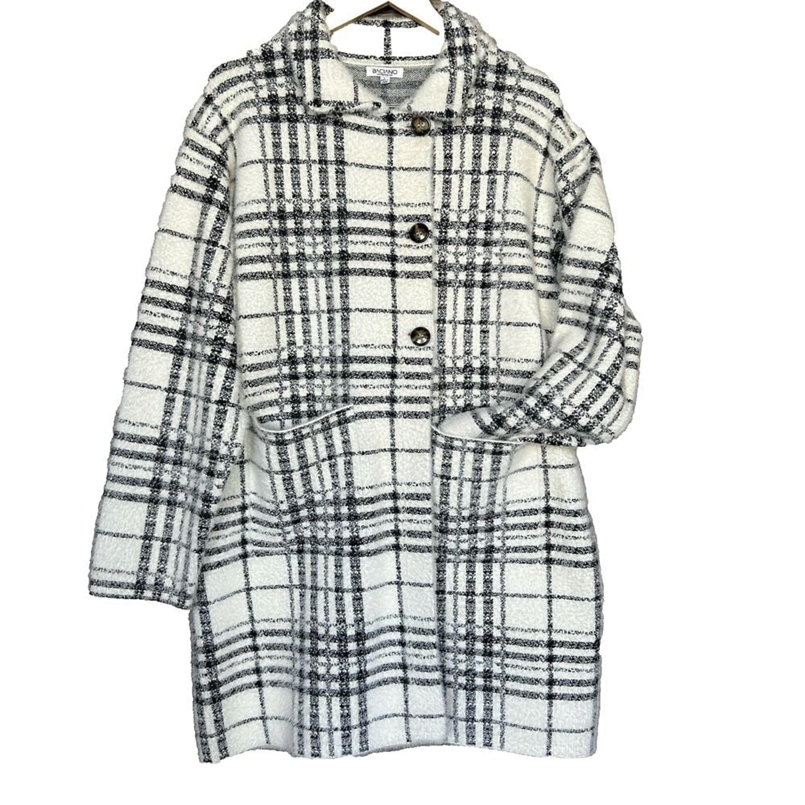 Baciano Long Sweater Coat Women L White Black Plaid Pockets Fluffy Cozy Coatigan