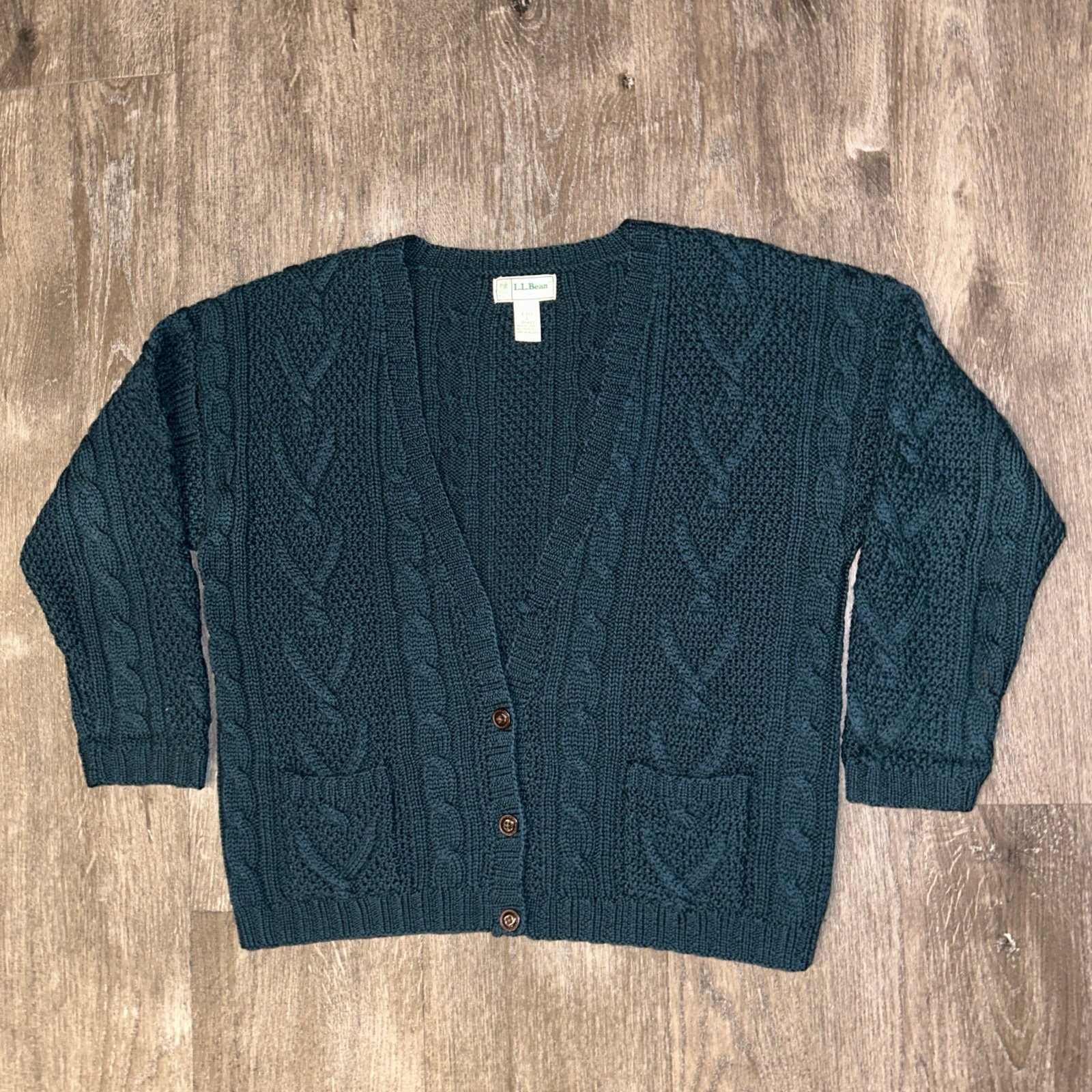 Vtg LL Bean Wool Cardigan Sweater Women Large Chunky Cable Knit Green Fisherman