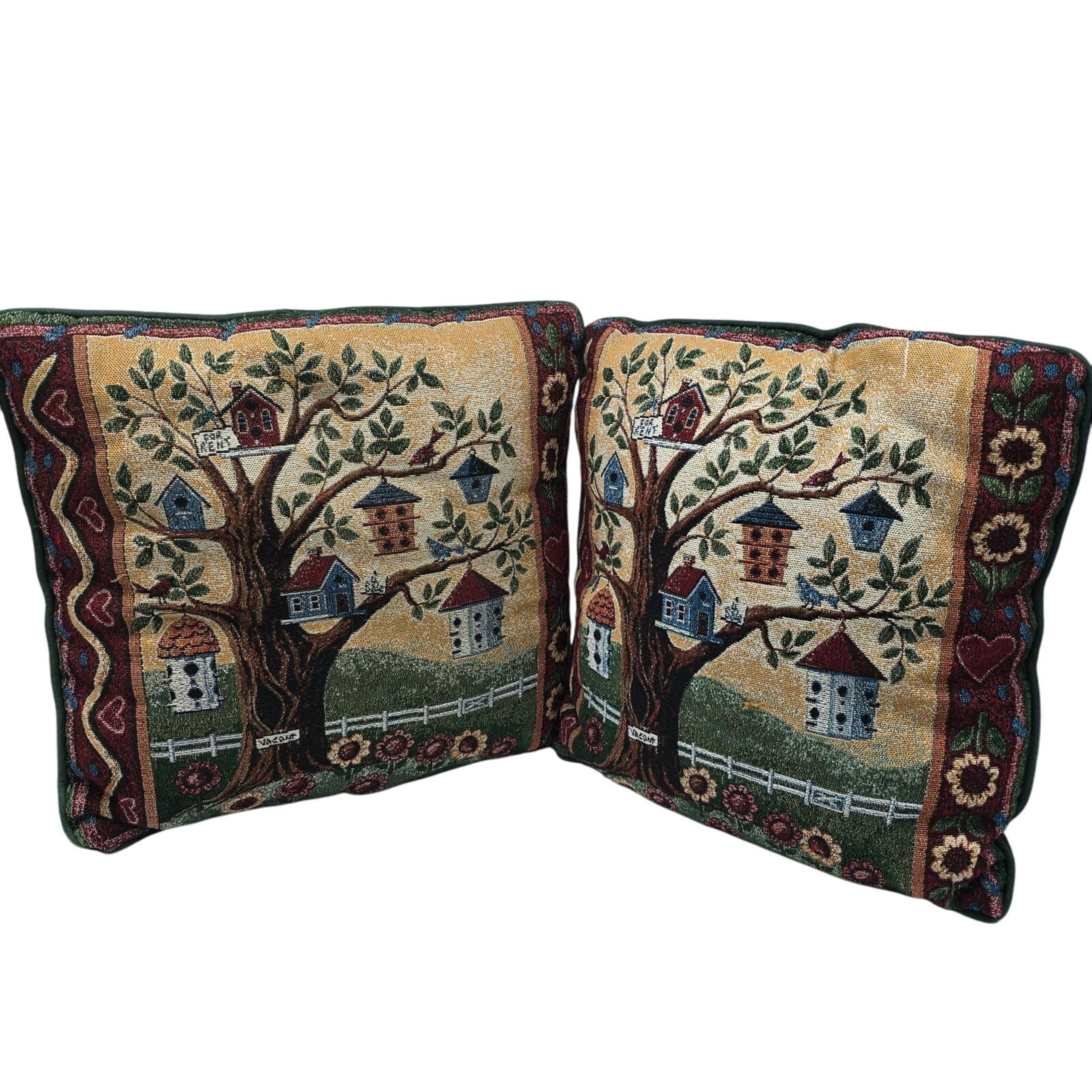 VTG Tapestry Throw Accent Pillow Birdhouse Birds Trees Set of Two - Mohawk Home