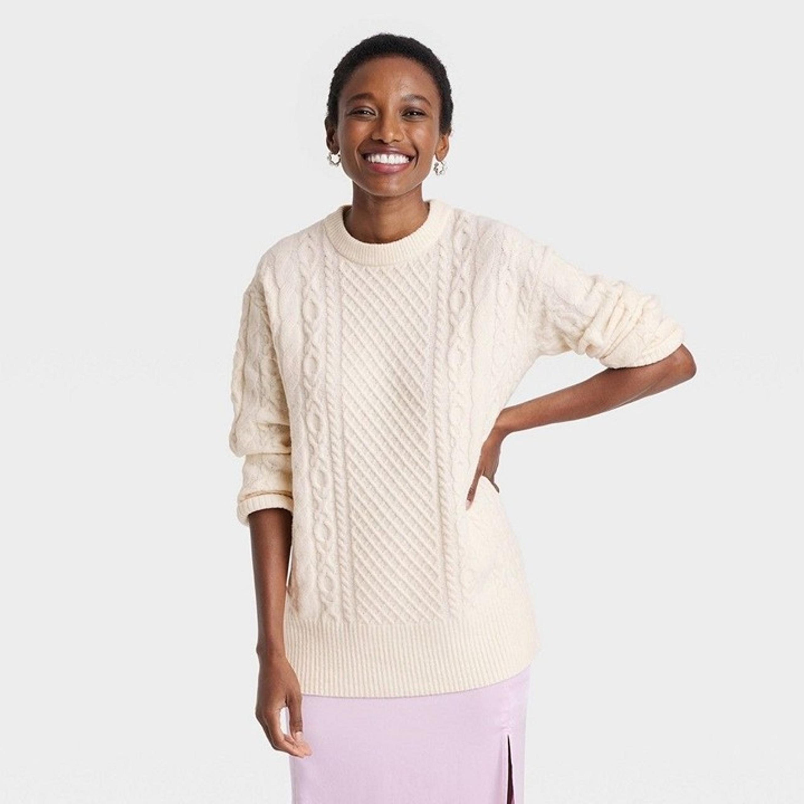 A New Day Women's Crewneck Tunic Pullover Sweater Cream Small