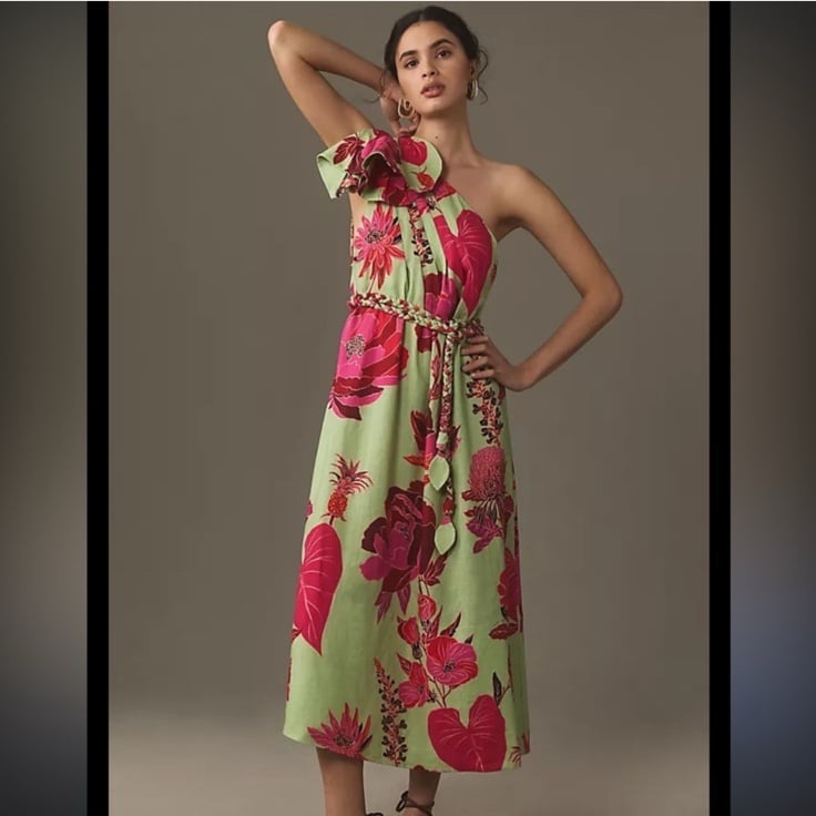 NWT FARM Rio Fresh Garden One Shoulder Midi Dress